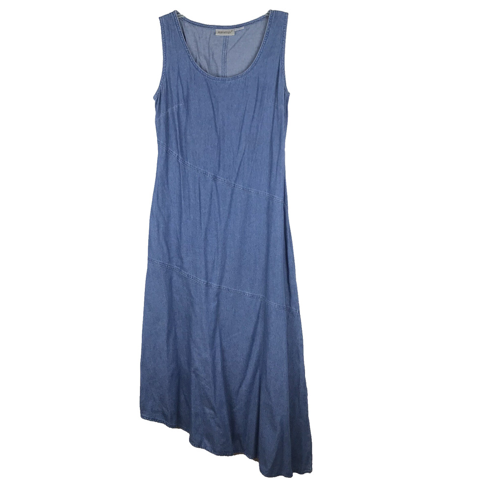 VTG Y2K Jeanology Denim Midi Dress Sleeveless Asymmetrical Hem Newport News 10